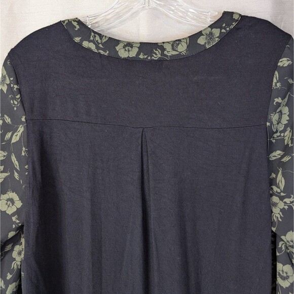Fortune + Ivy Sz MEDIUM Black & Olive Green Floral Top 3/4 Sleeve Bohemian Tunic - Picture 9 of 13